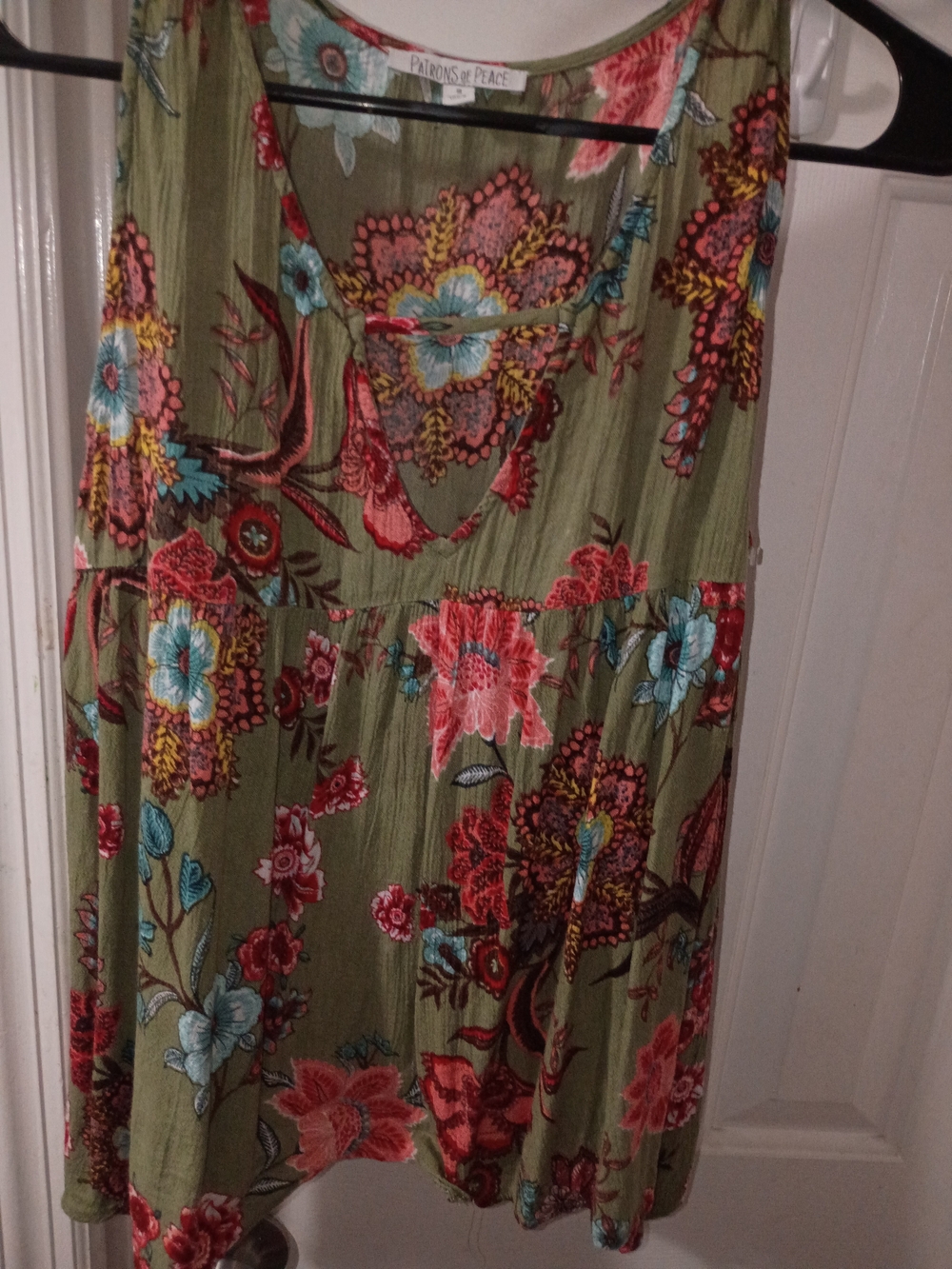 Patrons of Peace Olive Floral Scoop-Neck Mini Dress with Coral & Teal Accents